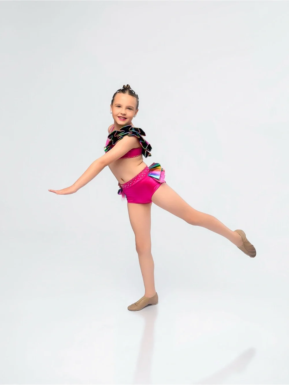 Girls' Hot Pink One-Shoulder Dance Costume with Ruffle Accent